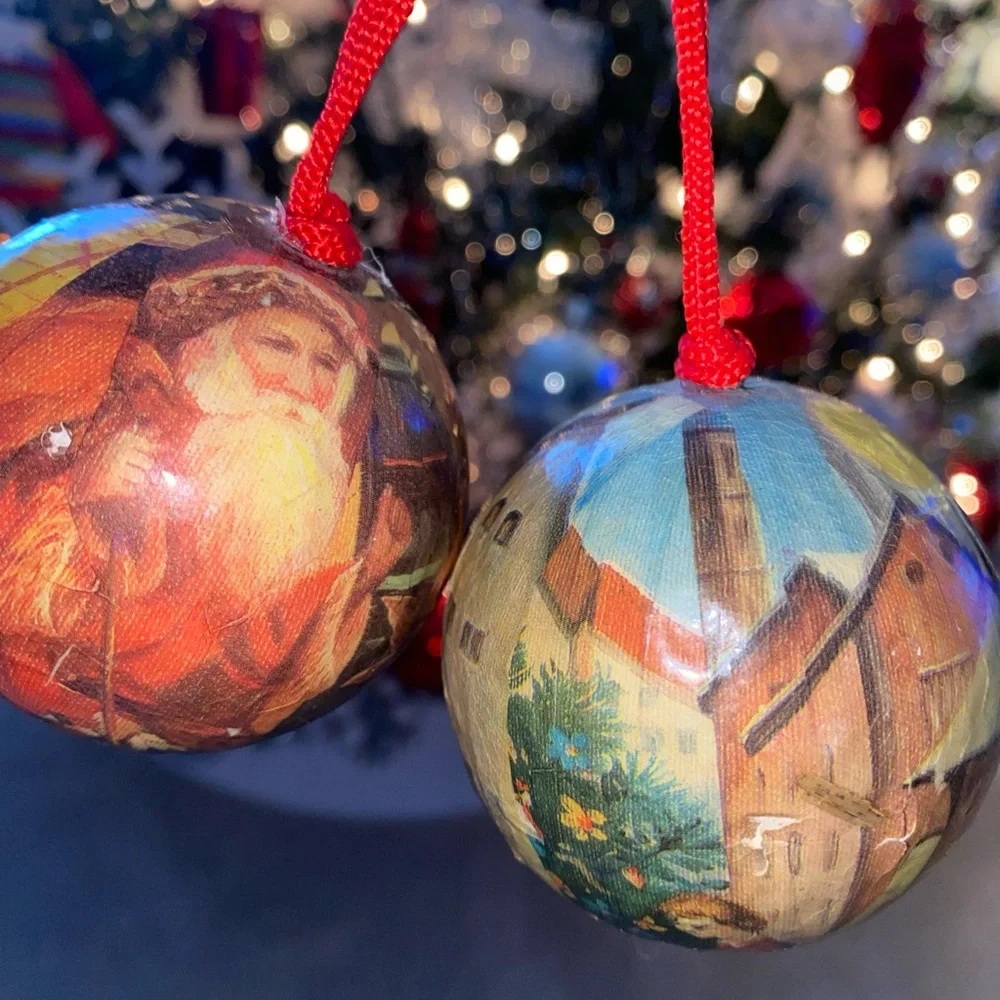 Vintage Decoupage Paper Mache Christmas Ornaments Set‎ Of 2